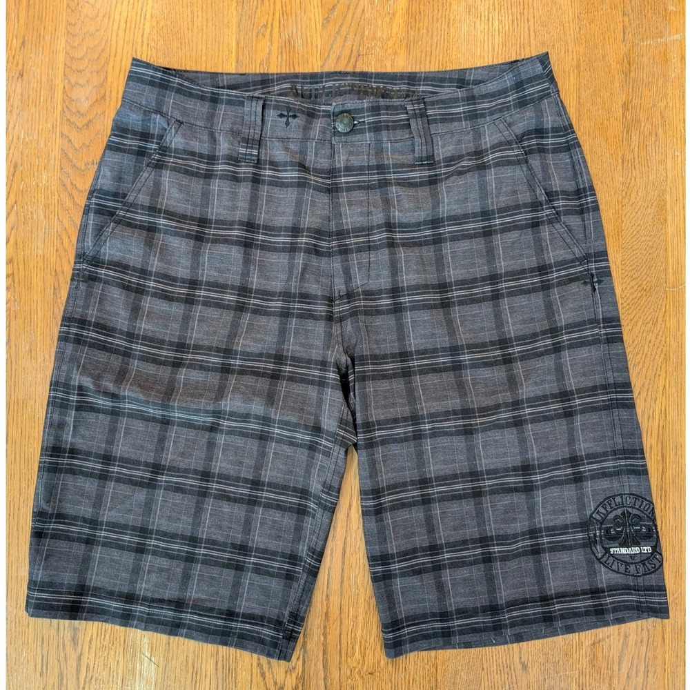 Affliction Black Premium Live Fast Mens Plaid Shorts Gray Black Size 34